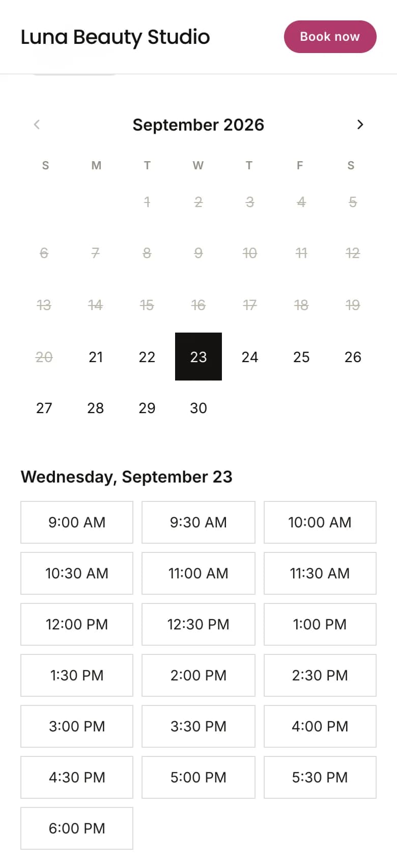 A client choosing an open time on a BookVAO booking page